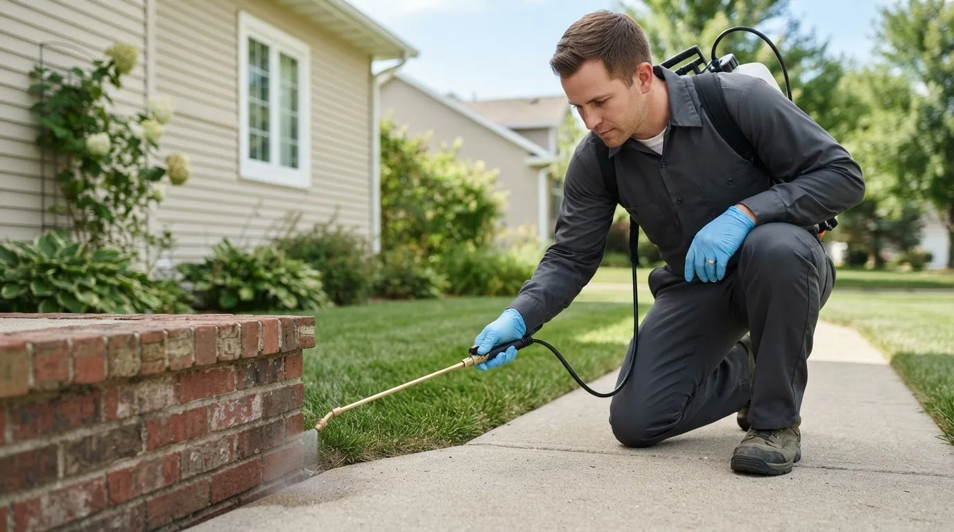 Pest control technician treating a home near Saint Thomas, ND