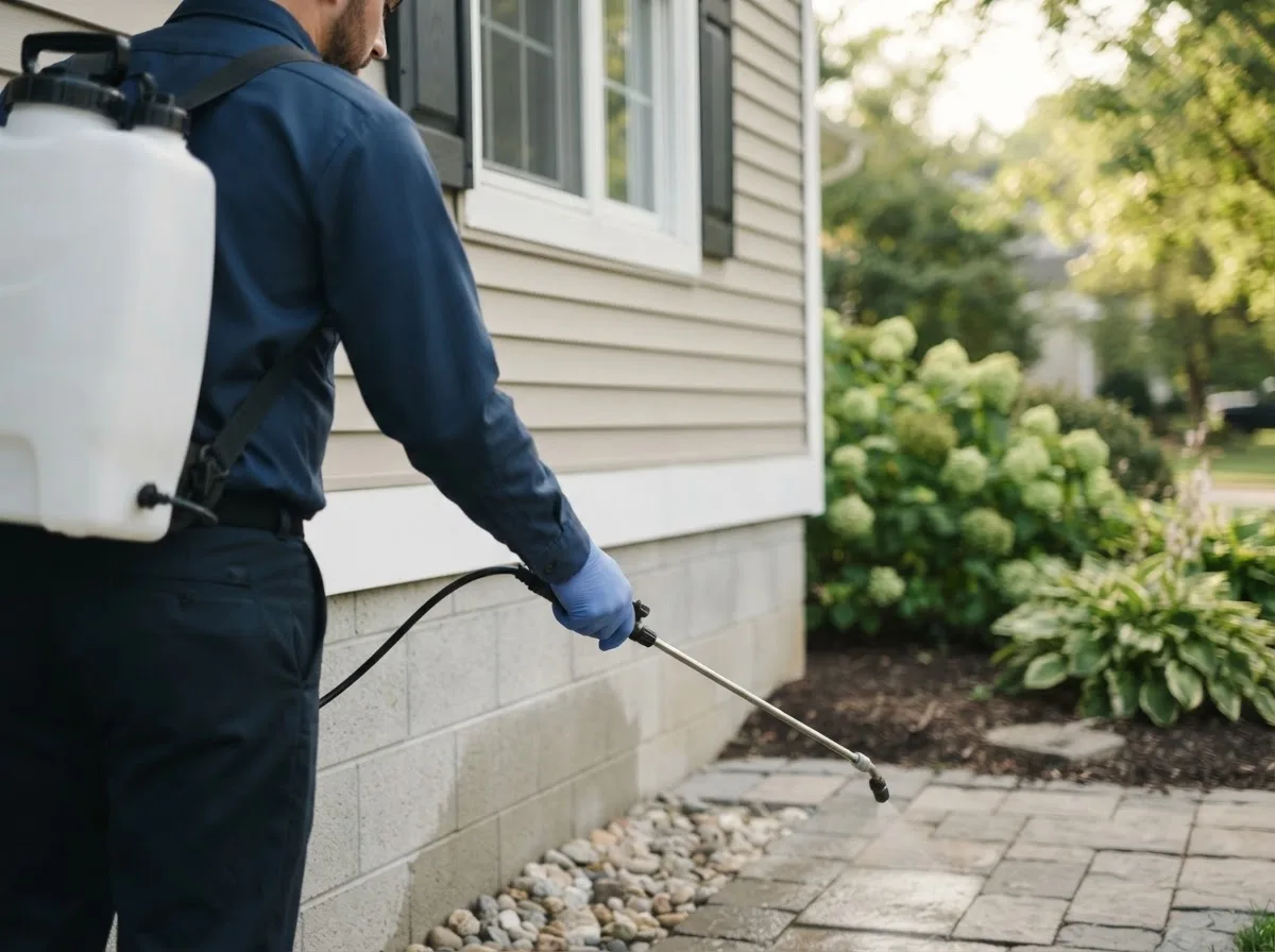 Pest control technician inspecting a home in Saint Thomas, ND